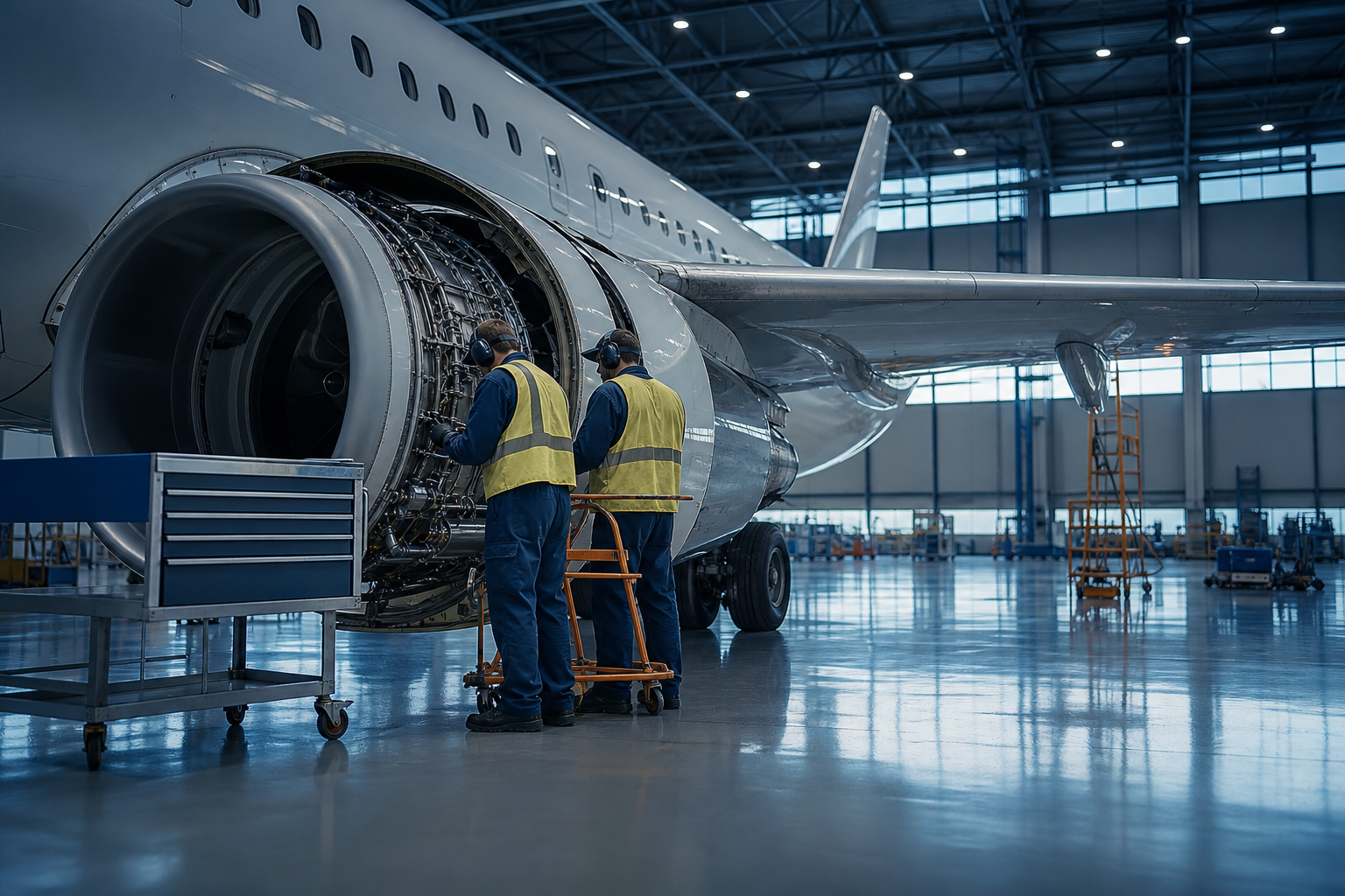 A wide aerospace maintenance hangar: two technicians in clean coveralls and safety equipment inspect an unmarked aircraft engine cowling, viewed from profile, under controlled overhead lighting.