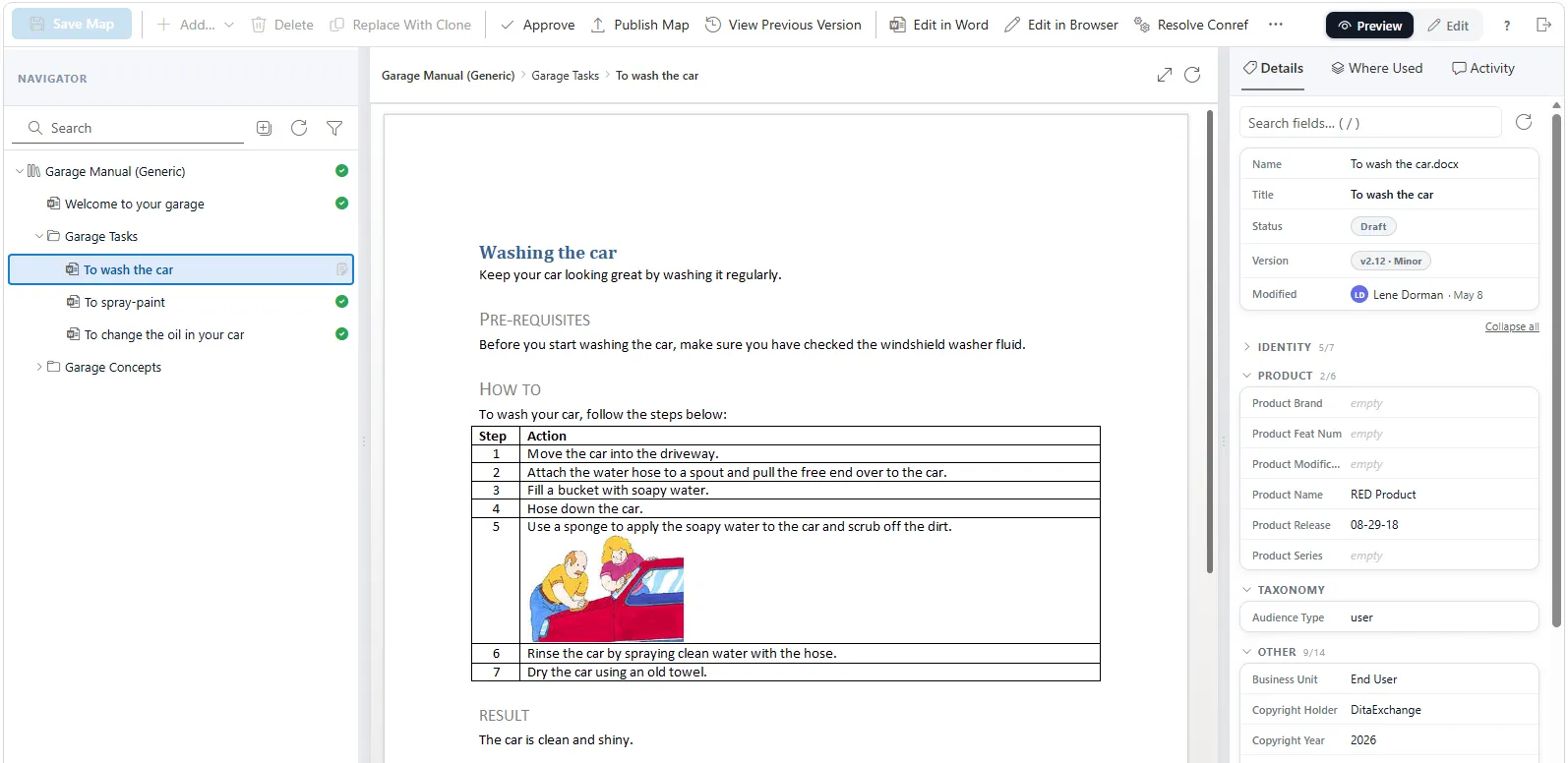 The Dx5 component navigator running inside a SharePoint site: the DITA topic tree, component metadata, and approval status are surfaced through the SharePoint chrome. No second tab, no second login, no second platform.