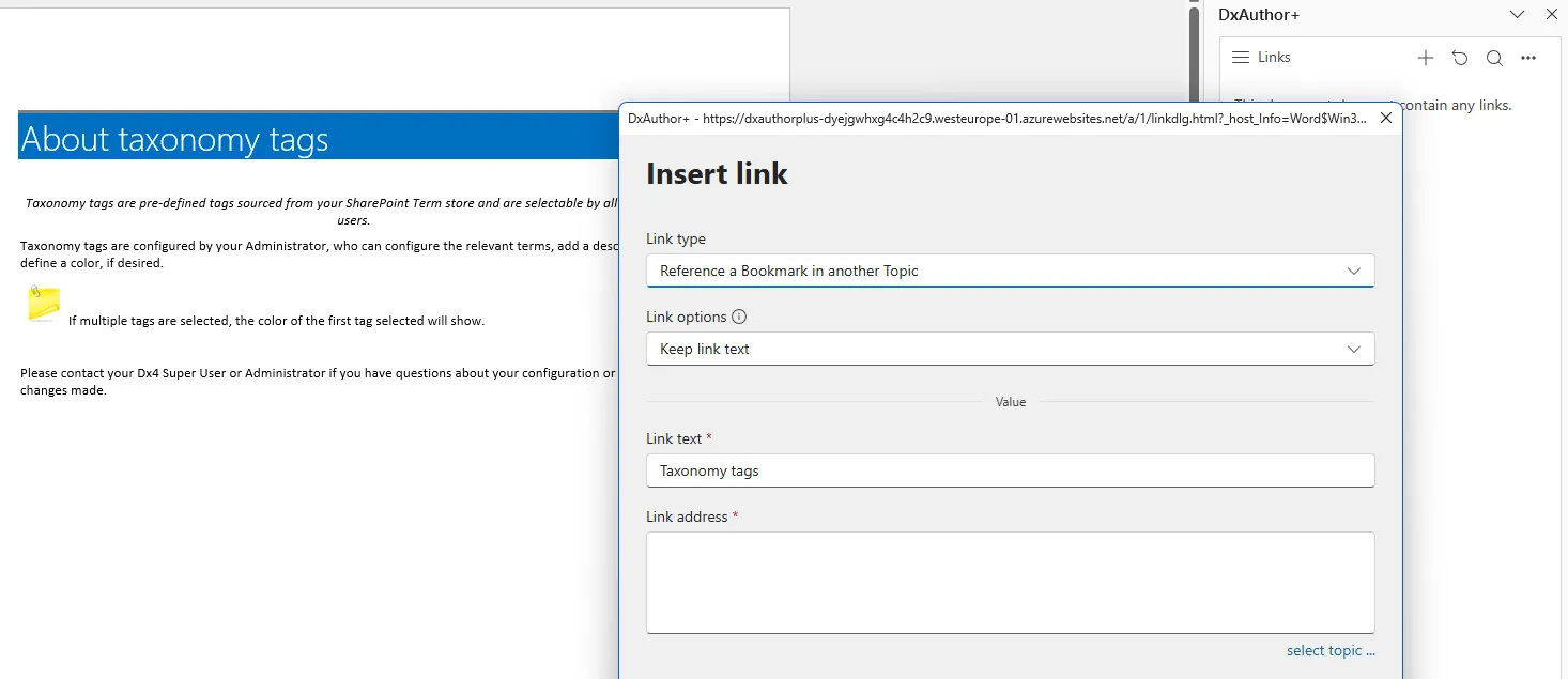 DxAuthor+ in Microsoft Word, a familiar Word document on the left with a structured-content sidebar on the right showing topic context and approval status. The author works in Word; the DITA structure is applied behind the scenes.