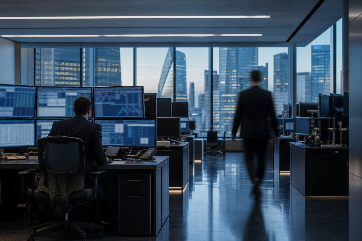 A modern trading or analyst office: a single analyst at a multi-monitor workstation viewed from behind, a colleague walking past mid-distance, financial-district towers visible beyond the windows.
