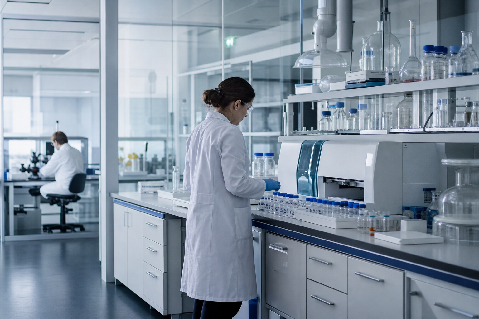 A modern pharmaceutical research laboratory: a researcher in lab coat and safety glasses works at an instrument bench, with a colleague visible through a glass partition focused on a microscope.