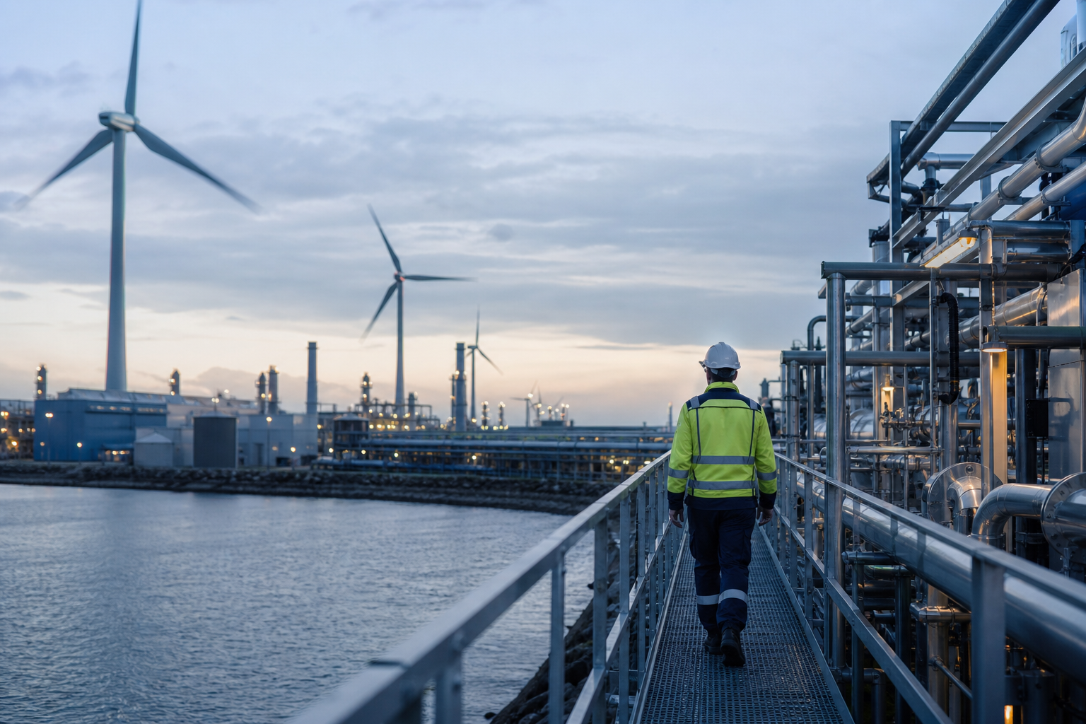 A wide view of an energy-sector facility: a single inspector in safety equipment walks an elevated inspection platform viewed from behind, with a modern power-generation installation in the background under cool late-afternoon light.