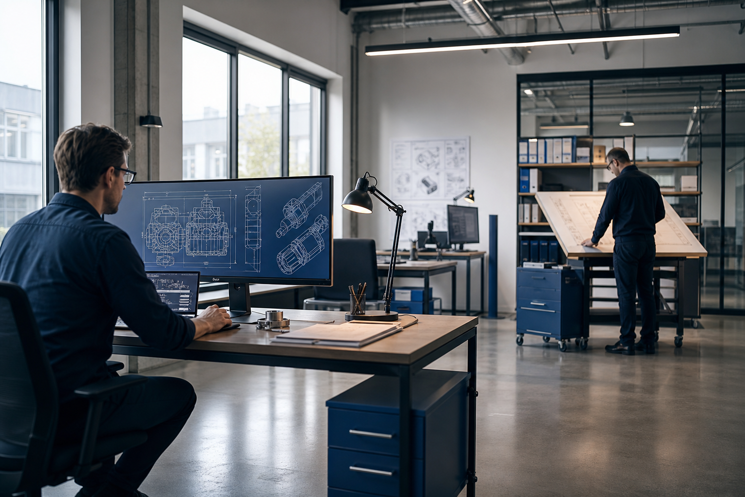 A modern industrial engineering office: an engineer in profile at a workstation showing technical schematics on a large display, with a colleague consulting a printed technical drawing at a drafting table in the middle distance.