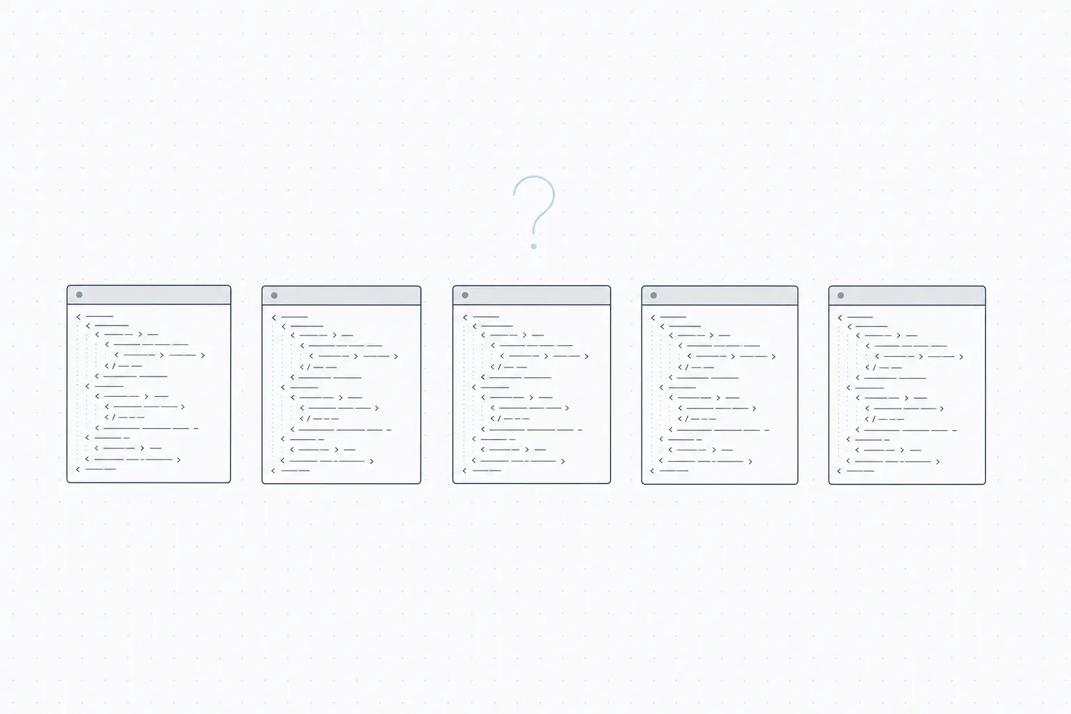 Five identical anonymous XML-editor windows in a row, none visually privileged, there is no dominant XML editor.